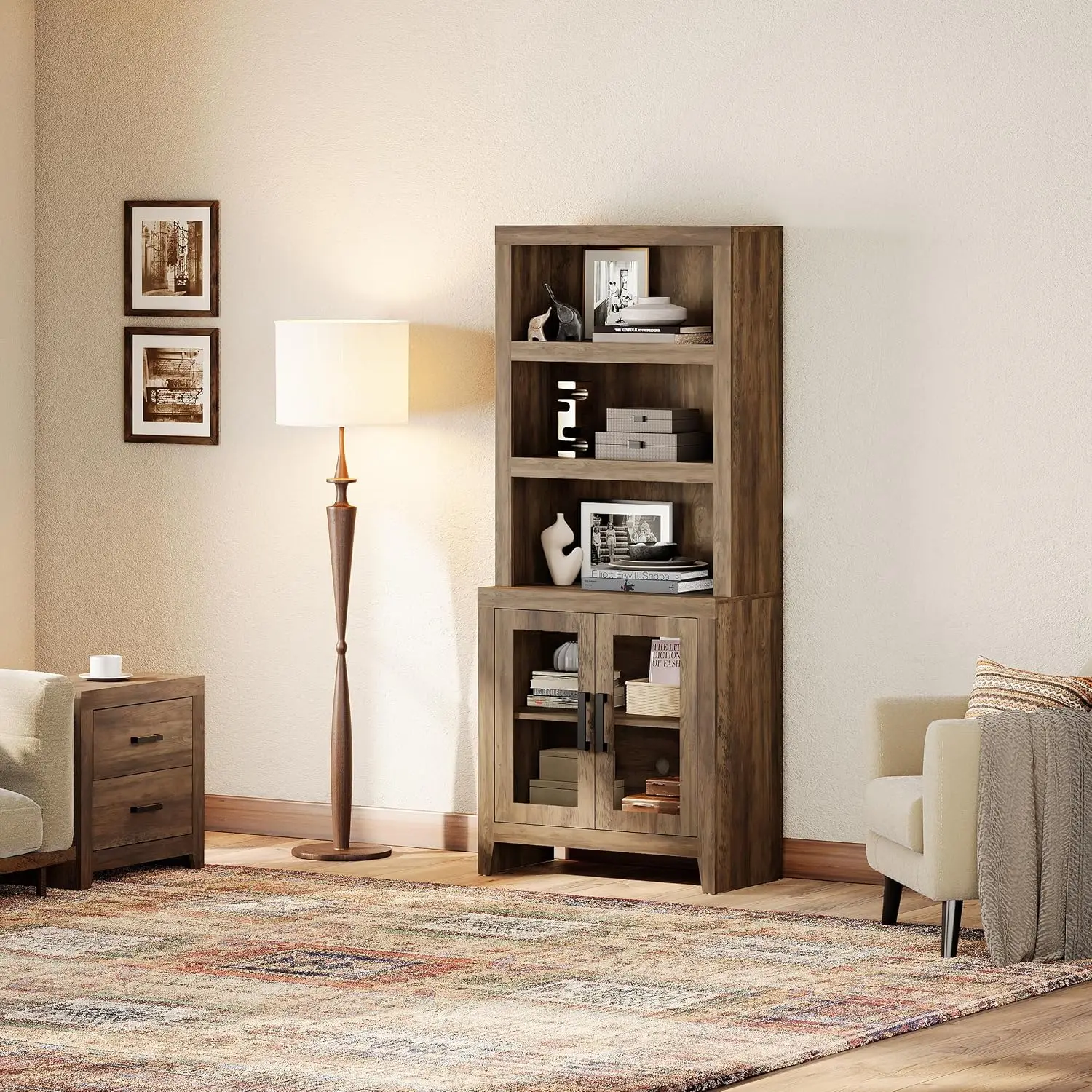 Wooden Bookshelf with Glass Door, 74" Tall Bookcase with Adjustable Shelf & Cabinet for Living Room Office, Brown, Customized view 3