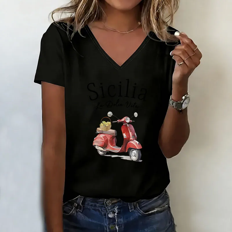 La Dolce Vita T-shirt V Neck Casual Fashion  T Shirts Women Short Sleeve Tee Shirt V-Neck Summer Spring Shirt