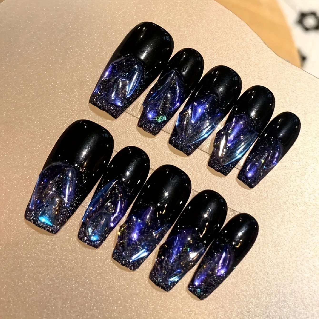 10pcs High-end Flash bright black purple dark system long handmade fake nails, Dark purple Aurora Women's fake nail patch