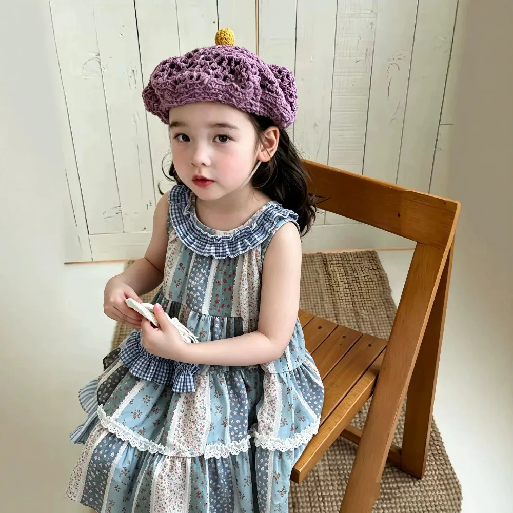 Summer Casual Countryside Style Round Neck Hanging Neck Lace Patchwork Printed Dress Korean Version