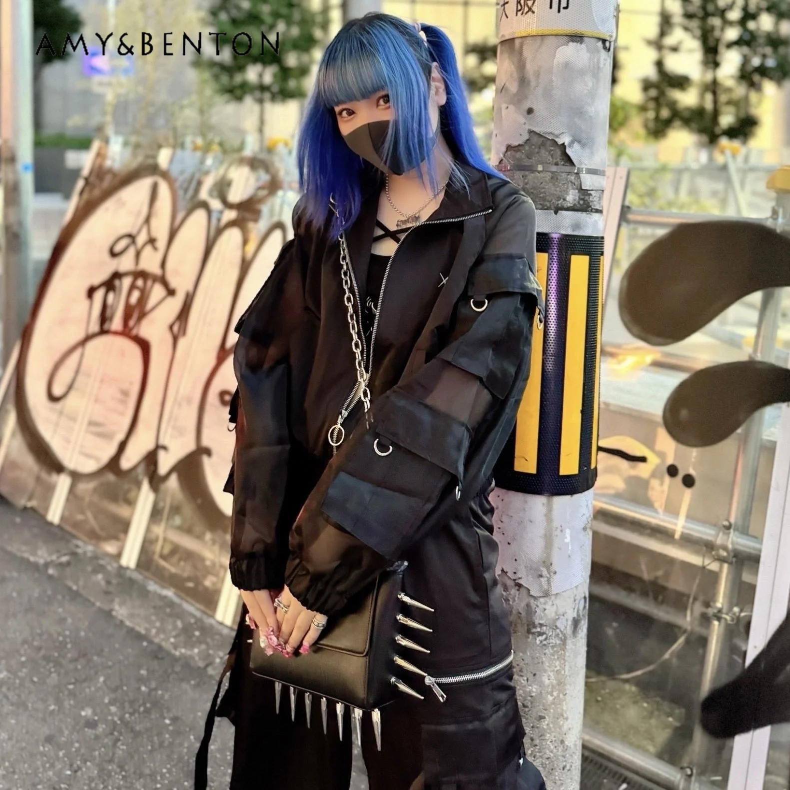 Jaqueta com capuz extragrande para mulheres, jaquetas finas transparentes, estilo Harajuku, cor de emenda Harajuku subcultural japonesa, estilo esportivo, Y2K