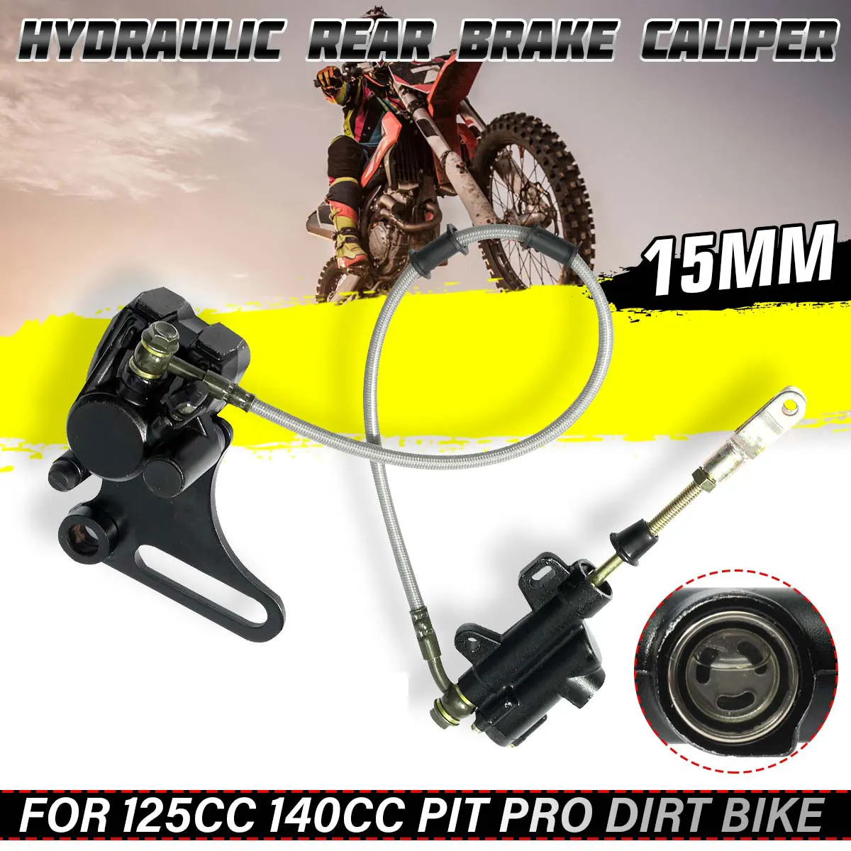 15mm Pit Dirt Bike ATV Hydraulic Rear Brake Caliper Rear Disc Brake System Caliper Pad For 125cc 140cc