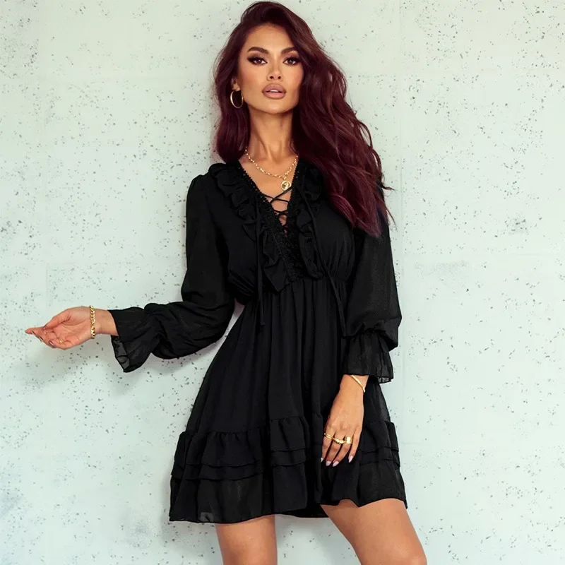 

2024 New Women's Ruffles Lantern Sleeve Dresses Spring Autumn Long Sleeve Dress with Bandage Elegant Solid Colors Dress NASY0021