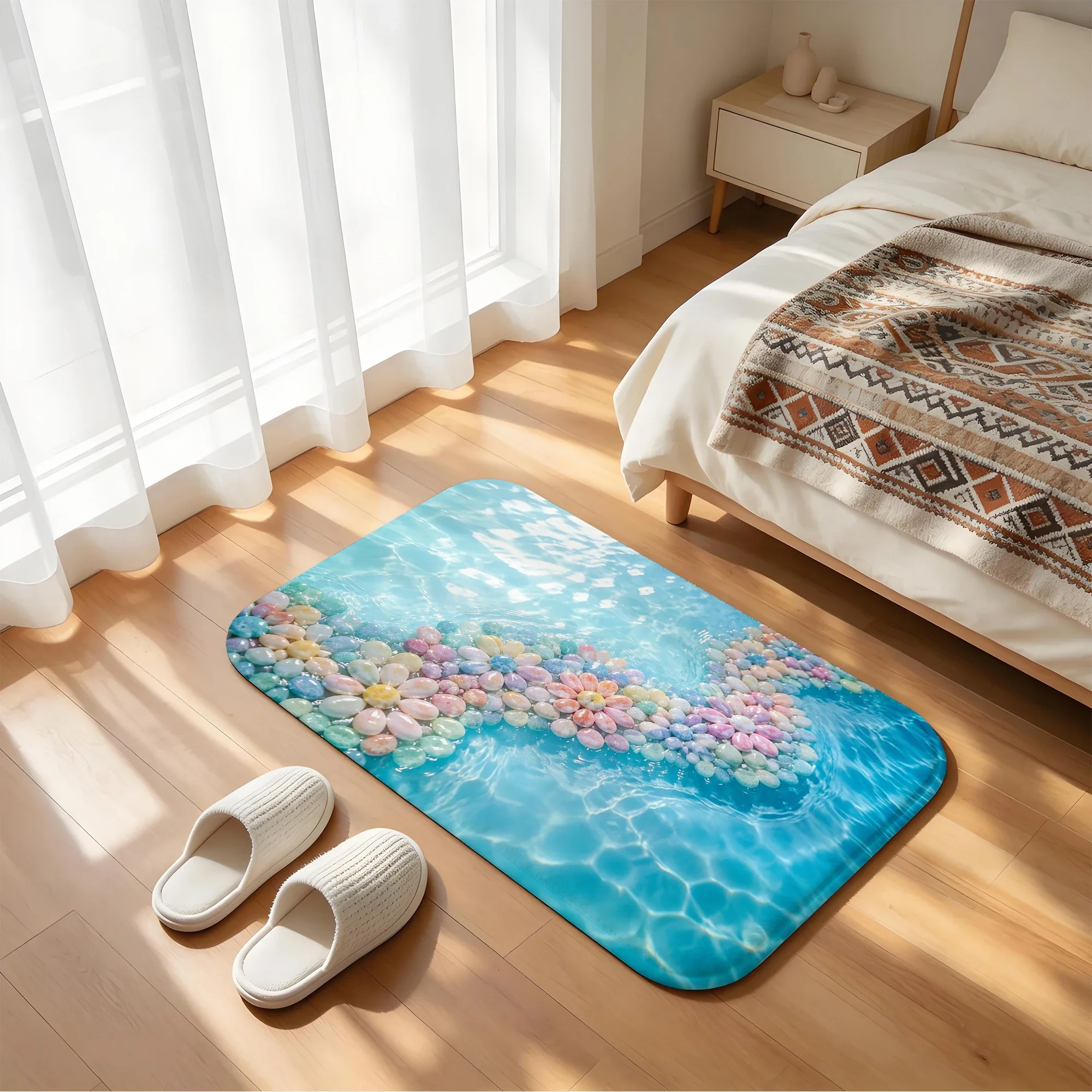 Bathroom use absorbent quick drying floor carpet home decoration flannel anti slip shower carpet pebble theme