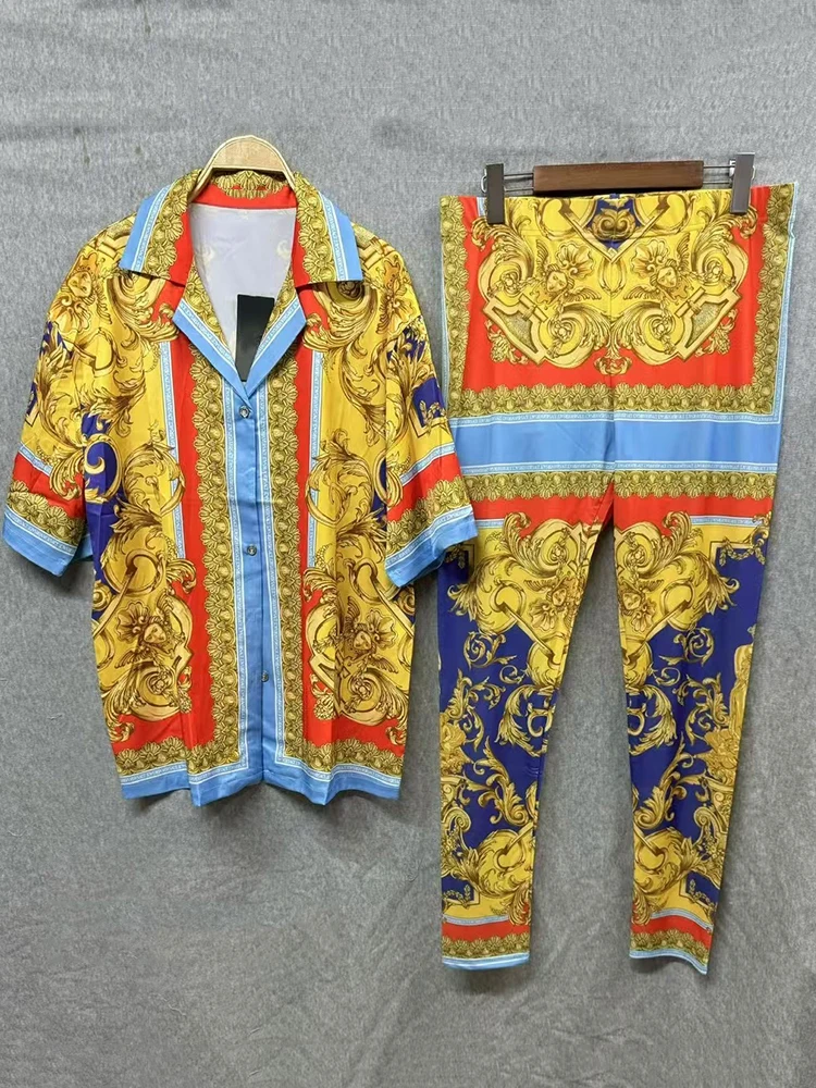 

2024, осенняя женская новая пижамная рубашка в стиле ретро с геометрическим принтом и лацканами, комплект из двух предметов + трикотажные эластичные брюки с эластичной резинкой на талии, модный комплект