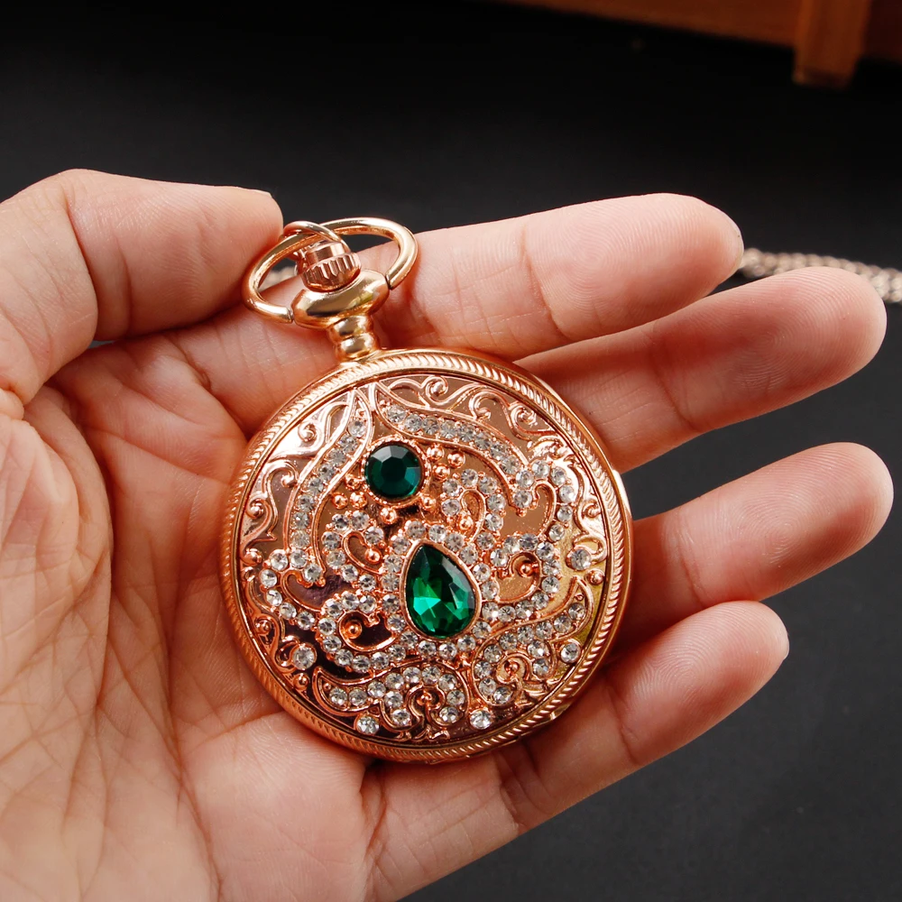 Montre de poche à quartz diamant vert vintage pour femme, or rose, collier pour femme, artisanat de luxe, meilleur cadeau de Noël pour la colonne vertébrale