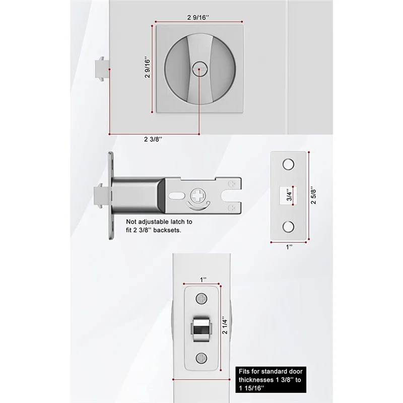 Bed/Bath Pocket Door Lock, Satin Nickel Contemporary Privacy Square Pocket Door Hardware, Sliding Pocket Door Latch