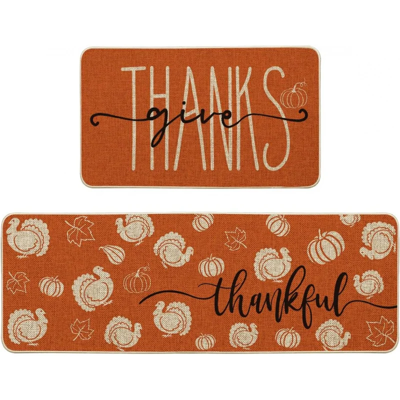 

Turkey Pumpkin Maple Leaves Thanksgiving Kitchen Mats Set of 2, Home Decor Low-Profile Kitchen Rugs for Floor