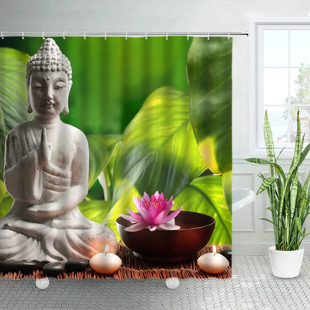 3D Black Stone Green Bamboo Zen Shower Curtain Set Purple Orchid Buddha Natural Landscape Bathroom Decor Polyester Bath Curtains