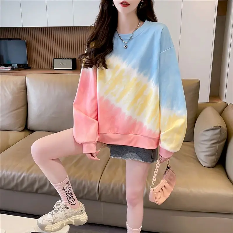 

Радужные пуловеры с принтом тай-дай, женские весенне-осенние трендовые плюшевые тонкие топы, свободный пуловер с круглым вырезом в японском стиле, футболка с длинными рукавами Y2k