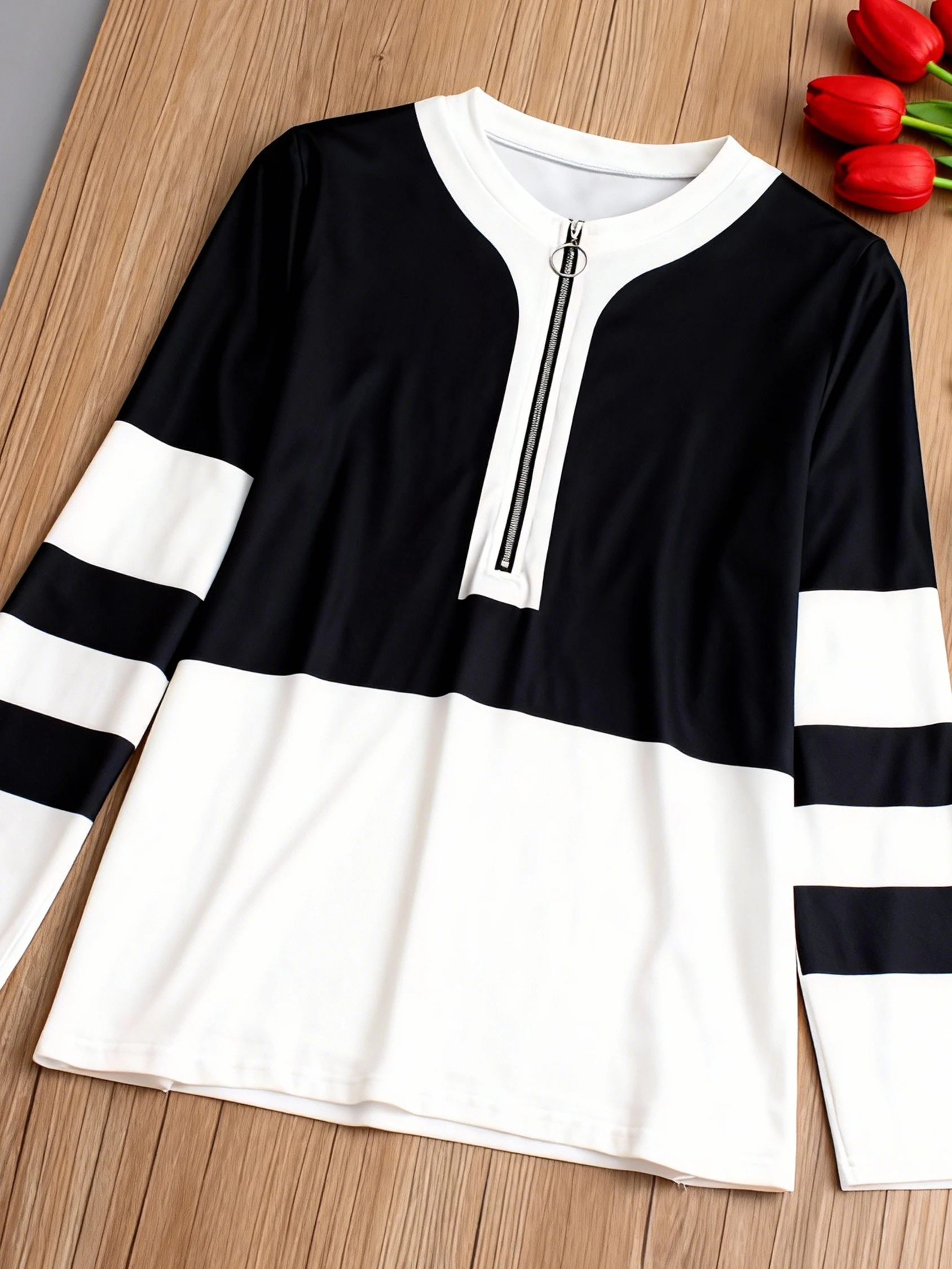 تي شيرت نسائي بأكمام طويلة، طباعة مخططة بألوان متعددة مع رقبة بسحاب، بلوزة أنيقة بمقاسات كبيرة