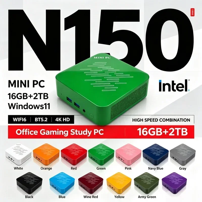 Intel N150 Mini PC Desktop 16GB RAM Optional 1TB 2TB SSD Windows 11 WiFi6 BT5.2 Multicolor Mini Host For Home Working Daily Use