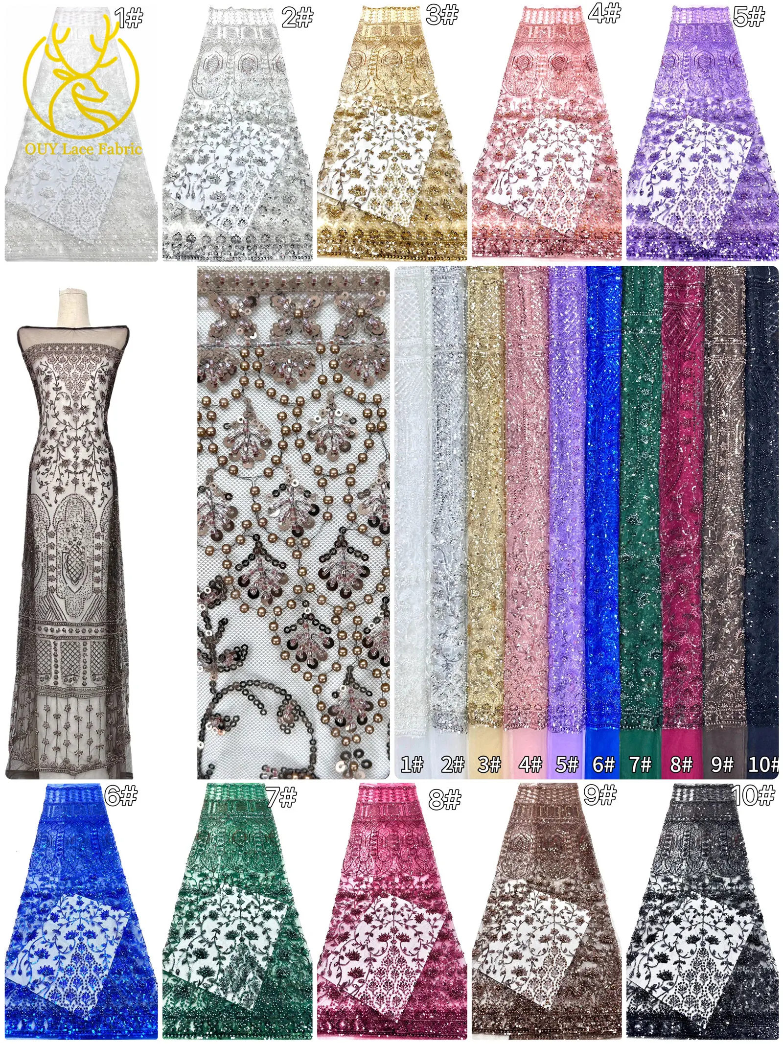 Afrikanischer Perlenstickerei-Spitzenstoff 2026 Hochwertiger Nigerianischer Pailletten-Spitzenstoff Französischer Braut-Hochzeits-Abendkleid-Nähstoff 5Y – Detail 3