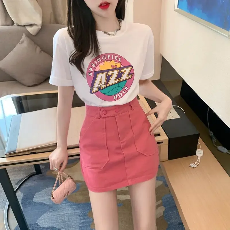 

Women's Denim Skirt Pink Cute High Waist Kawaii with Pocket Mini Female Jeans Skirts Short Casual Y2k Vintage Streetwear Modest