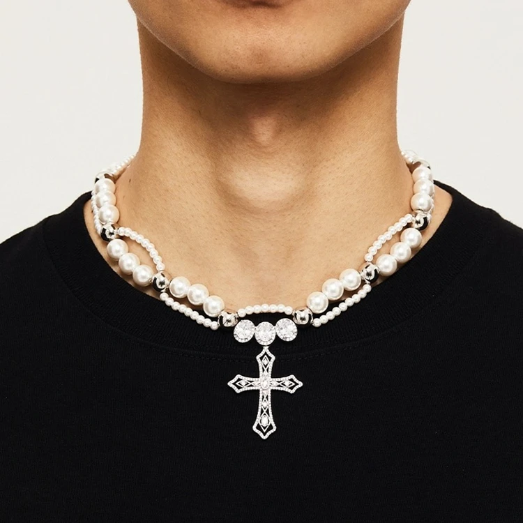 

New Design Solid Silver Natural Pearl Baroque Pearl VVS Moissanite Diamond Cross Necklace Cuban Chain Mens Jewelry