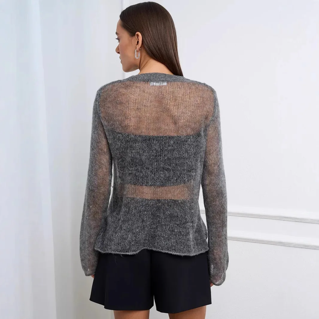 Women's Round Neck See Knited Pullover Female Spring Autumn Solid Long Sleeve Casual Knit Sweater Tops