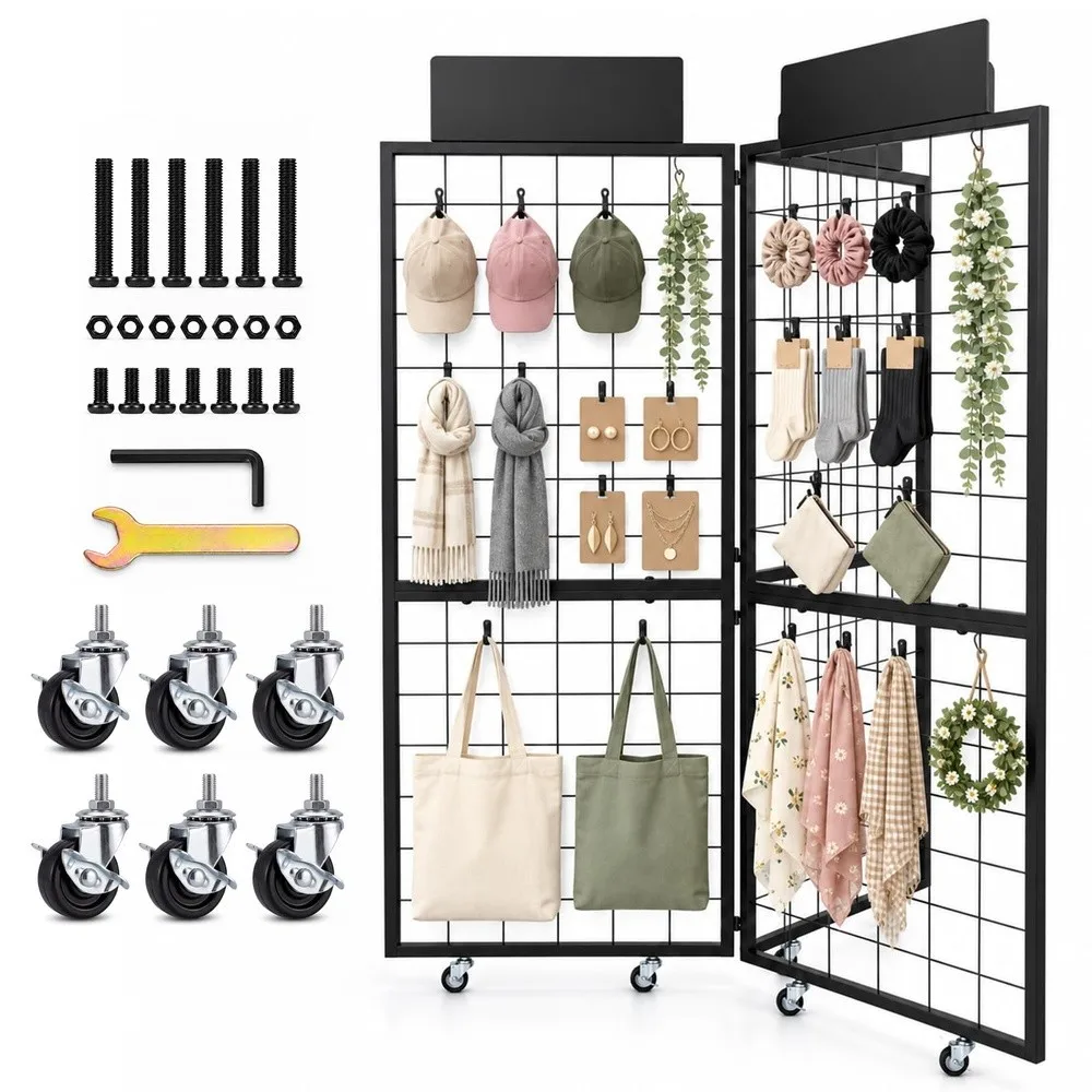 360° Foldable Grid Wall Panel 3 Panel Mesh Display Rack Stand