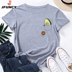 JFUNCY Women T Shirt Summer Short Sleeve Cotton T-Shirt Funny Avocado Print Female Tops Oversize Woman Casual Tshirt