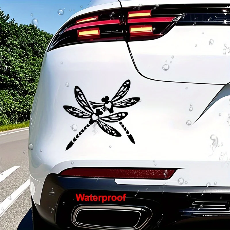 1Pc 2D Flat Dragonfly Couple Waterproof Sticker, Romantic Heart Vinyl Decal for Car Mirror and Motorcycle Helmet Decor