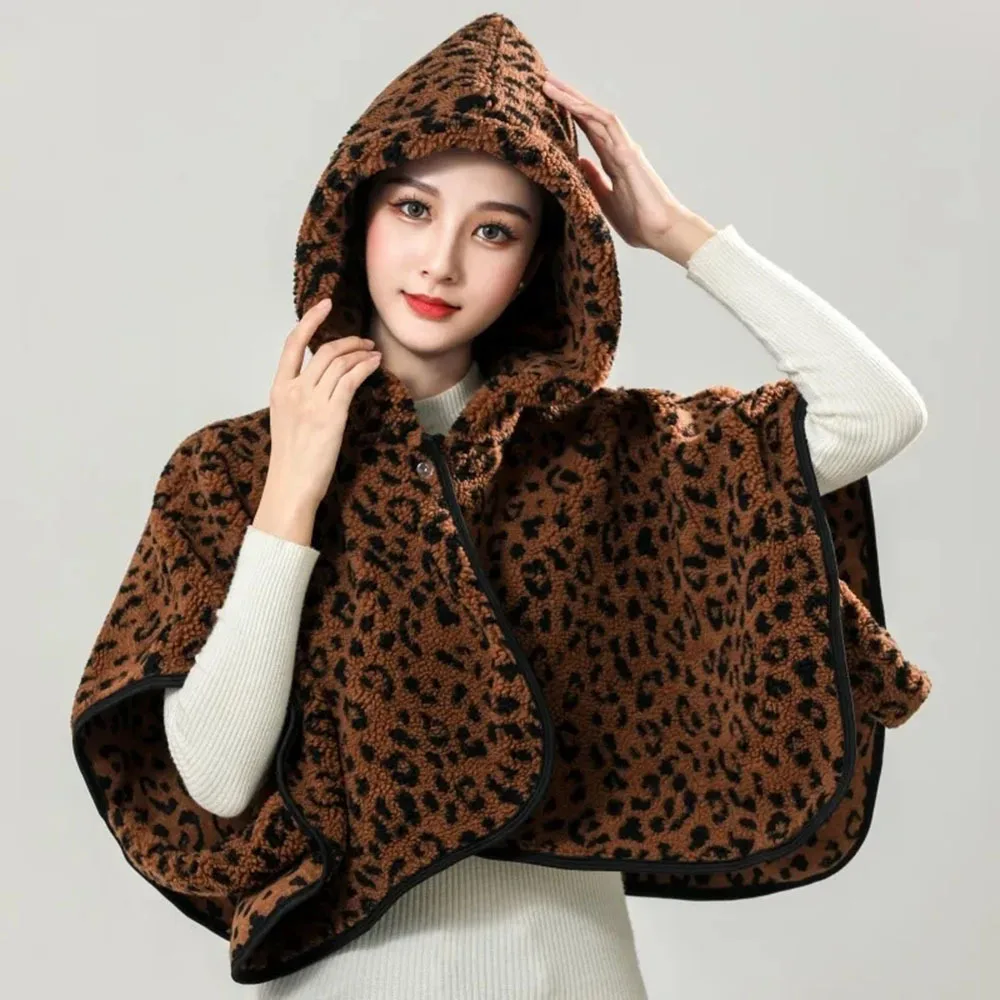 Autumn Winter Shawl Cape Coat Womer Fashion Leopard Hooded Poncho Jacket Ladies Wrap Body With Warm Cloak Female Plush Outwear