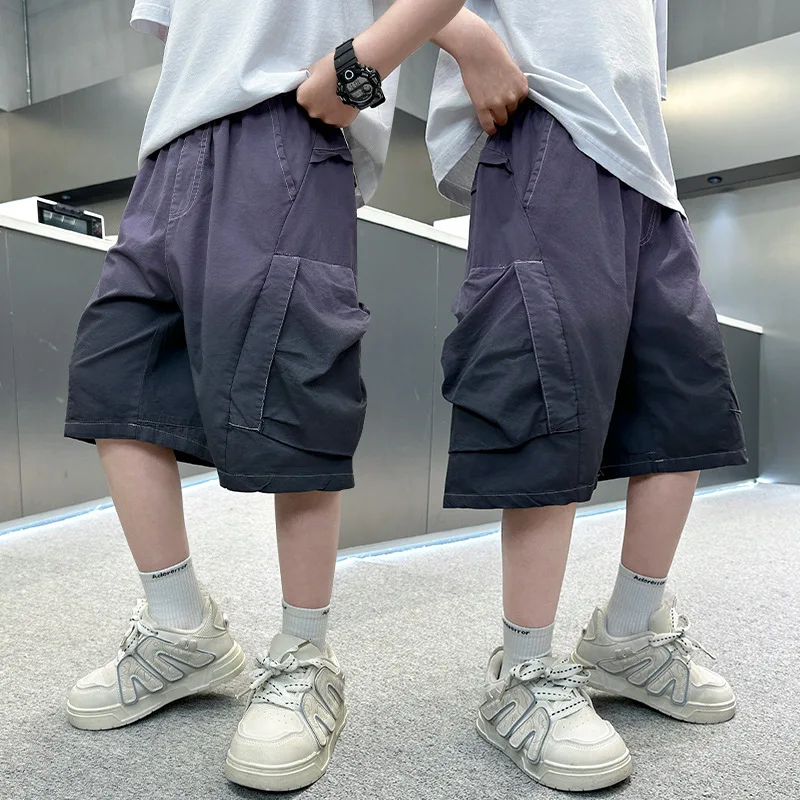 New Stylish Boys Cotton Summer Cargo Shorts Kids Casual Pocket Streetwear Short Pants Tweens Child Gradient Soft Fabric Shorts