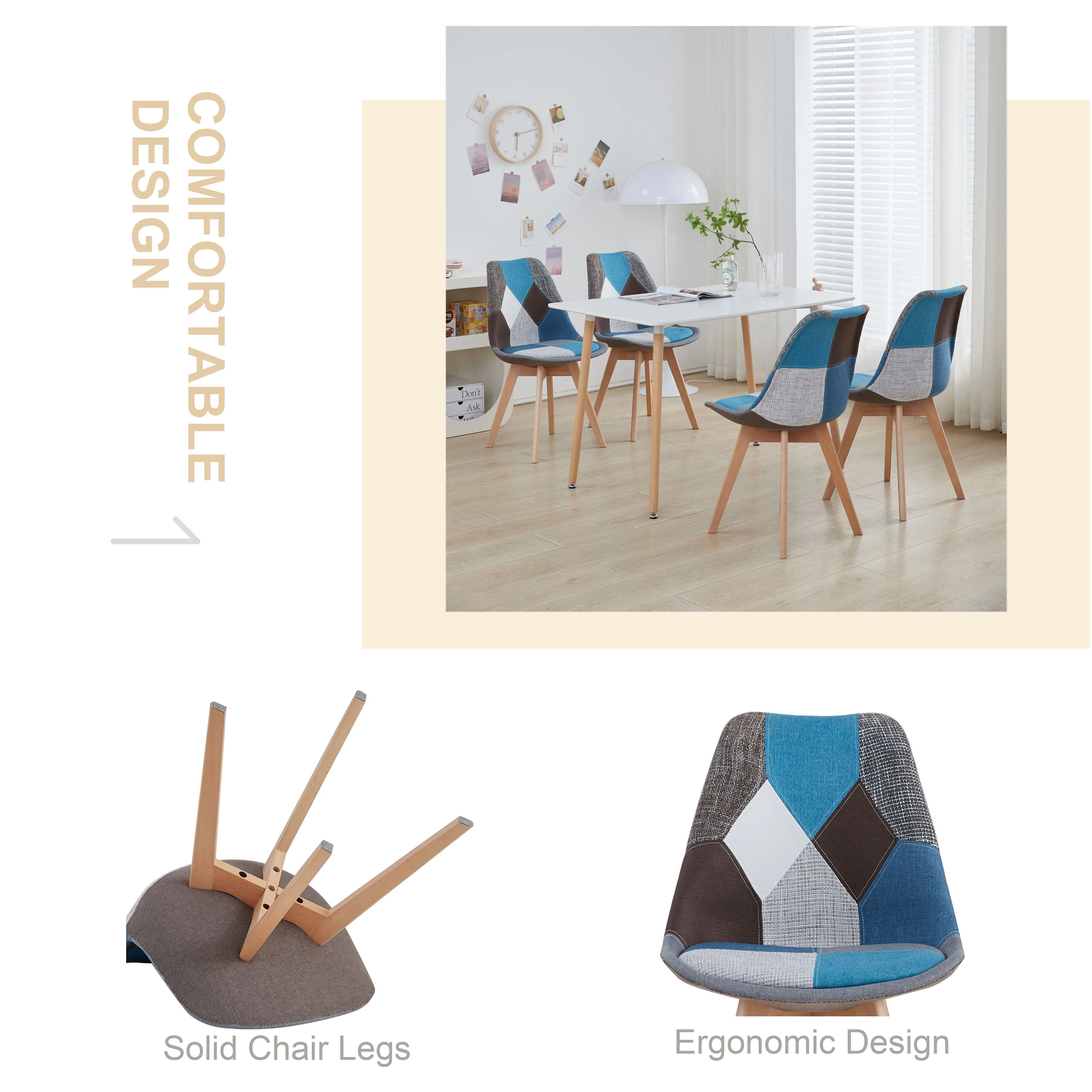 EGOONM 2/4/6 Stück Nordische Esszimmerstühle, Bunte Patchwork-Stühle mit Holzbeinen und Gepolstertem Sitz, Lounge-Stuhl für Küche und Wohnzimmer – Detail 4