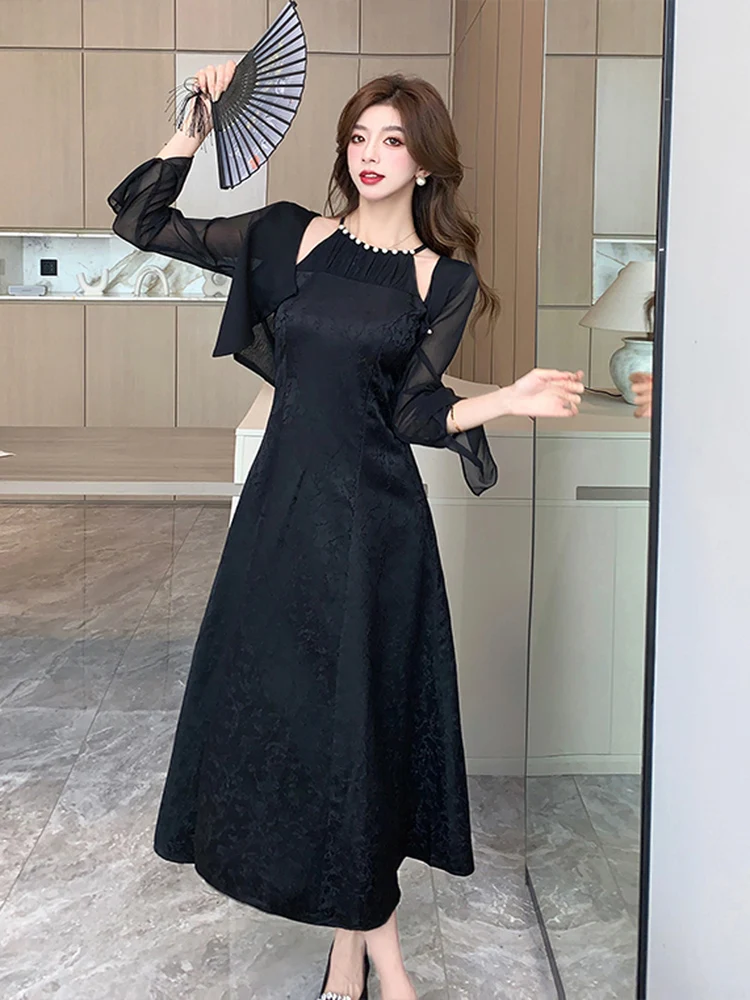 Summer Elegant Lady Fashion Two Piece Dress Sets New Women Short Cardigan Top + A Line Sexy Off Shoulder Mid-Length Dress Suits