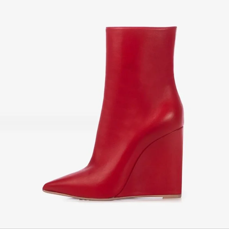 

Women Wedge Boots Red Black Beige Matte Leather Pointed Toe Side Zipper Height Increasing Winter Short Booties Size 43