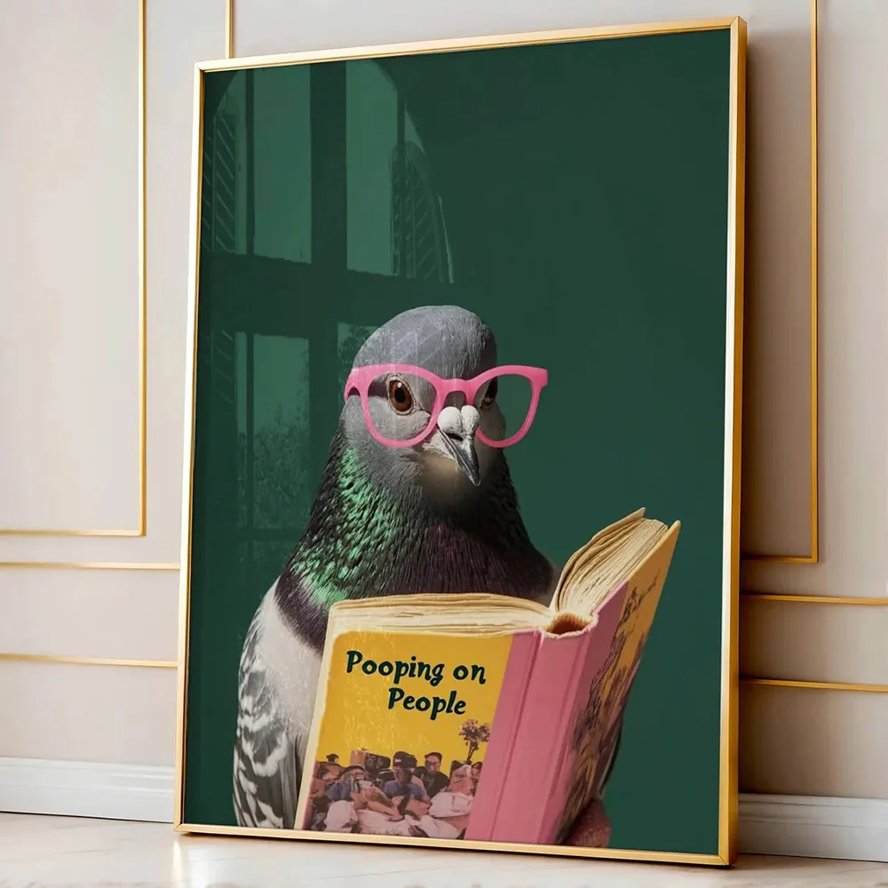1pc frameless 1pc Und Pigeon Reading Pooping on People Funny Wall Art Poster Canvas Print Bathroom Toilet Humor Decor Painting H