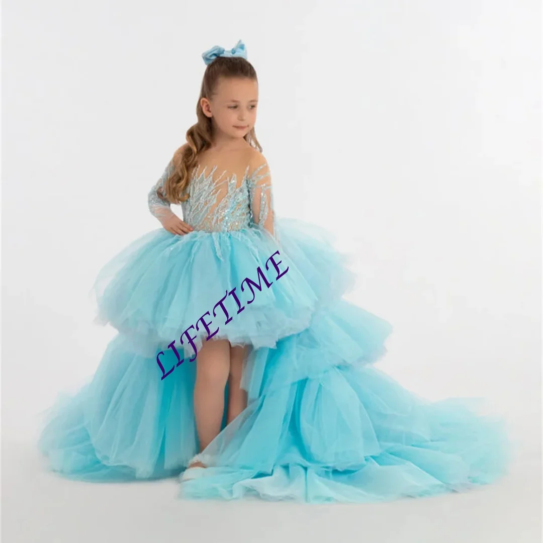 تخصيص زهرة بسيطة طويلة الأكمام ألف خط قطار الاجتياح فستان التواصل الأول طول الأرض أنيقة زهرة فتاة ثوب Cutsomized #2