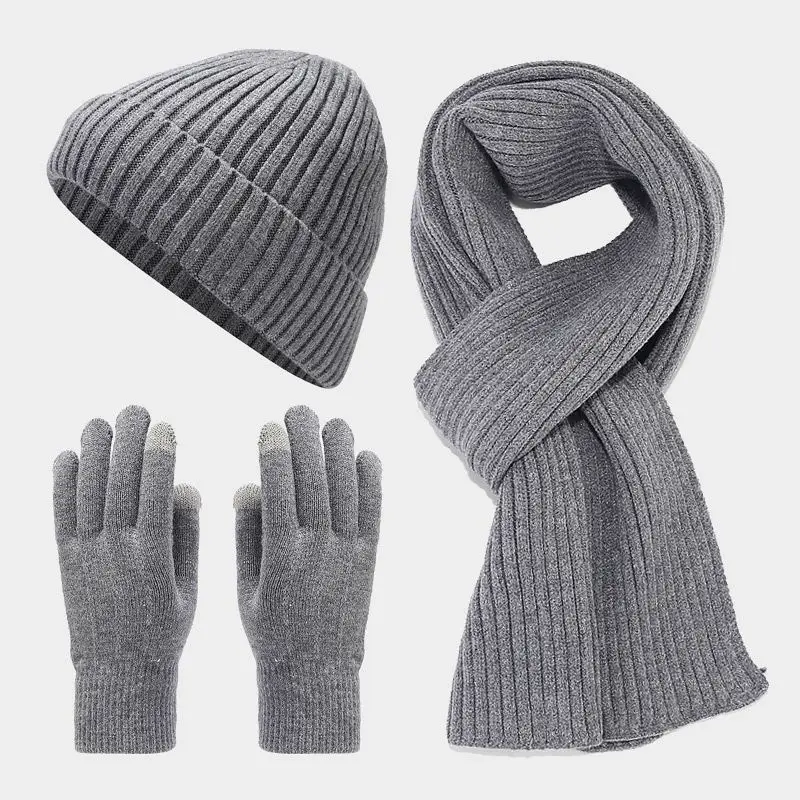 

Men Women's Autumn Winter Cashmere Warm men's Hat Scarf Gloves Winterproof Suit Thick Knit three-piece Set toca luvas e cachecol