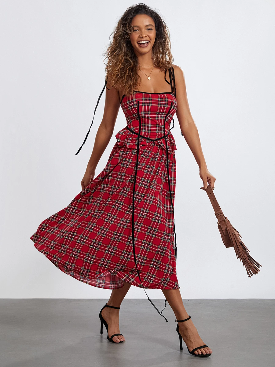 Women Summer Midi Cami Dress Red Sleeveless Backless Spaghetti Strap Plaid Party Dress