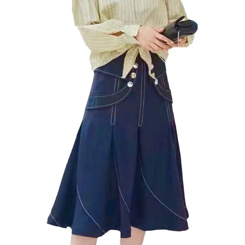 2025 المألوف عالية الخصر التخسيس ألف خط الدنيم تنورة للنساء الخريف جديد وصول مرونة الخصر فستان طويل الشعور