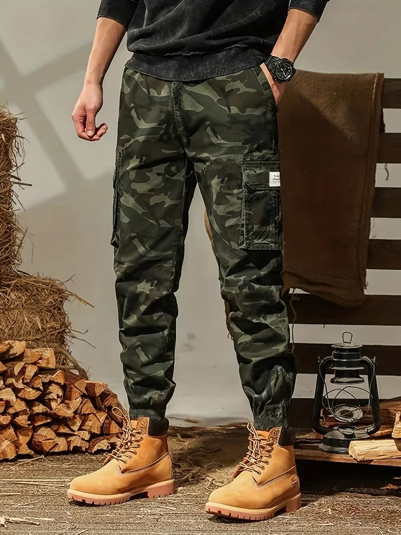 

Men's Heavy-Duty Cargo Pants Non-Stretch Work Trousers with Adjustable Drawstring Waist & Ankle cuffs Camouflage Outdoor Pants