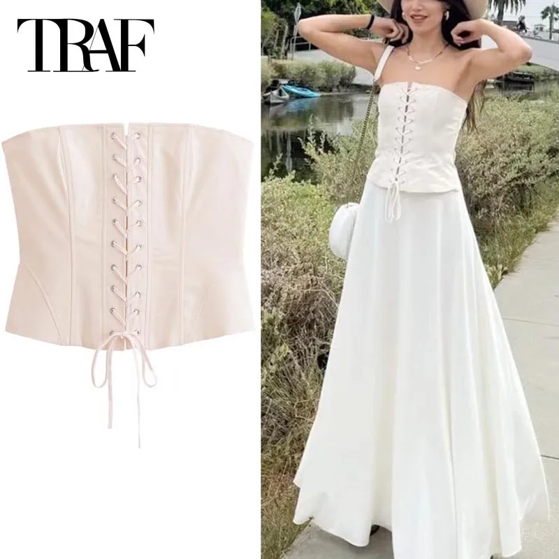 TRAF Woman Summer Off Shoulder Corset Crop Tops Women 2024 Tied Strapless Tube Top Backless Sexy Bustier Party Bandage Tank Tops