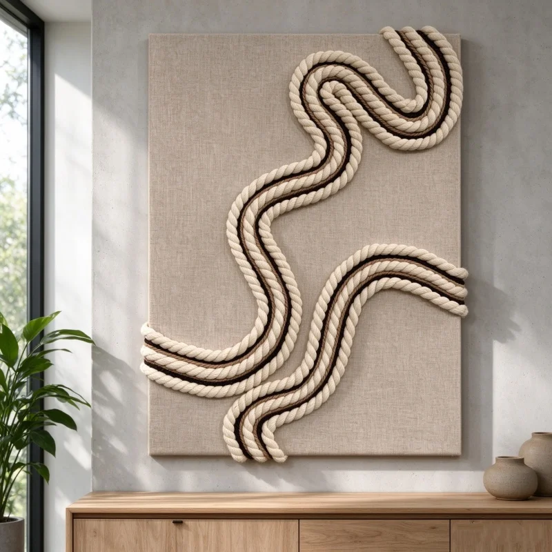 Two-tone Thick Braided Rope Macrame Wall Panel Abstract Flowing Curve Fiber Art Linen Base Wabi Sabi Home Wall Hanging