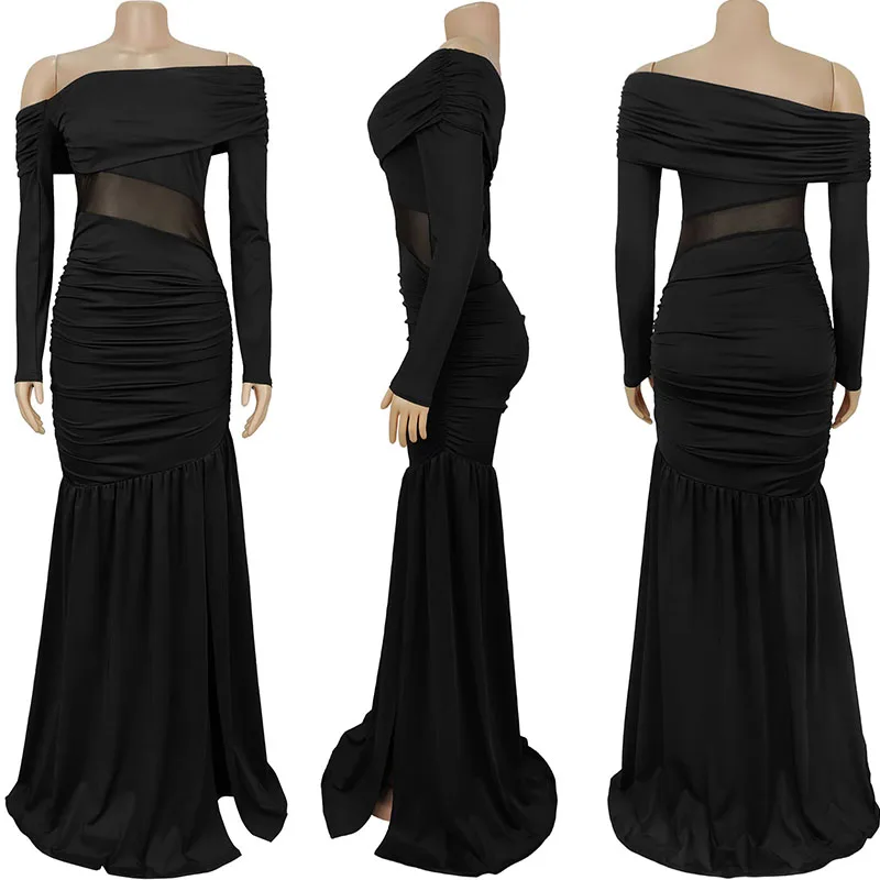 ชุดราตรีเซ็กซี่เปิดไหล่สำหรับงานปาร์ตี้ ผู้หญิง ดีไซน์หรูหรา ผ้าตาข่ายซีทรู แต่งระบาย ทรงเอไลน์ ผ่าข้าง เหมาะสำหรับงานกลางคืน งานพรอม