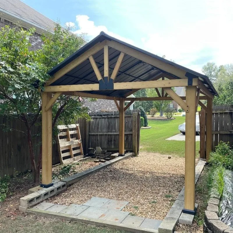 12’x14’ Hardtop Gazebo Outdoor Aluminum Gazebo with Galvanized Steel Gable Roof for Lawn and Garden(Wood-Looking)