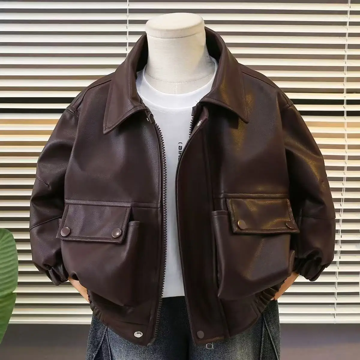 New Boys Black Brown Leather Jacket, Spring & Autumn Kids Cool Biker Faux Leather Coat Toddler Spring Outerwear