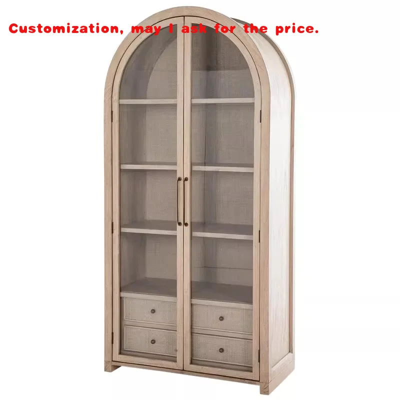 

custom.French Solid Wood Wine Cabinet Floor-to-ceiling Bookcase American Glass Door Two-door Display Cabinet Retro Arch Locker C