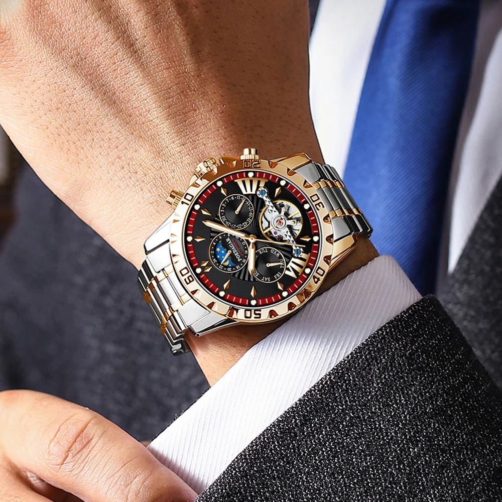 POEDAGAR ساعات رجالية متعددة الوظائف موضة أصلية ساعة ميكانيكية أوتوماتيكية للرجل الياقوت مرآة جوفاء دولاب الموازنة التاريخ