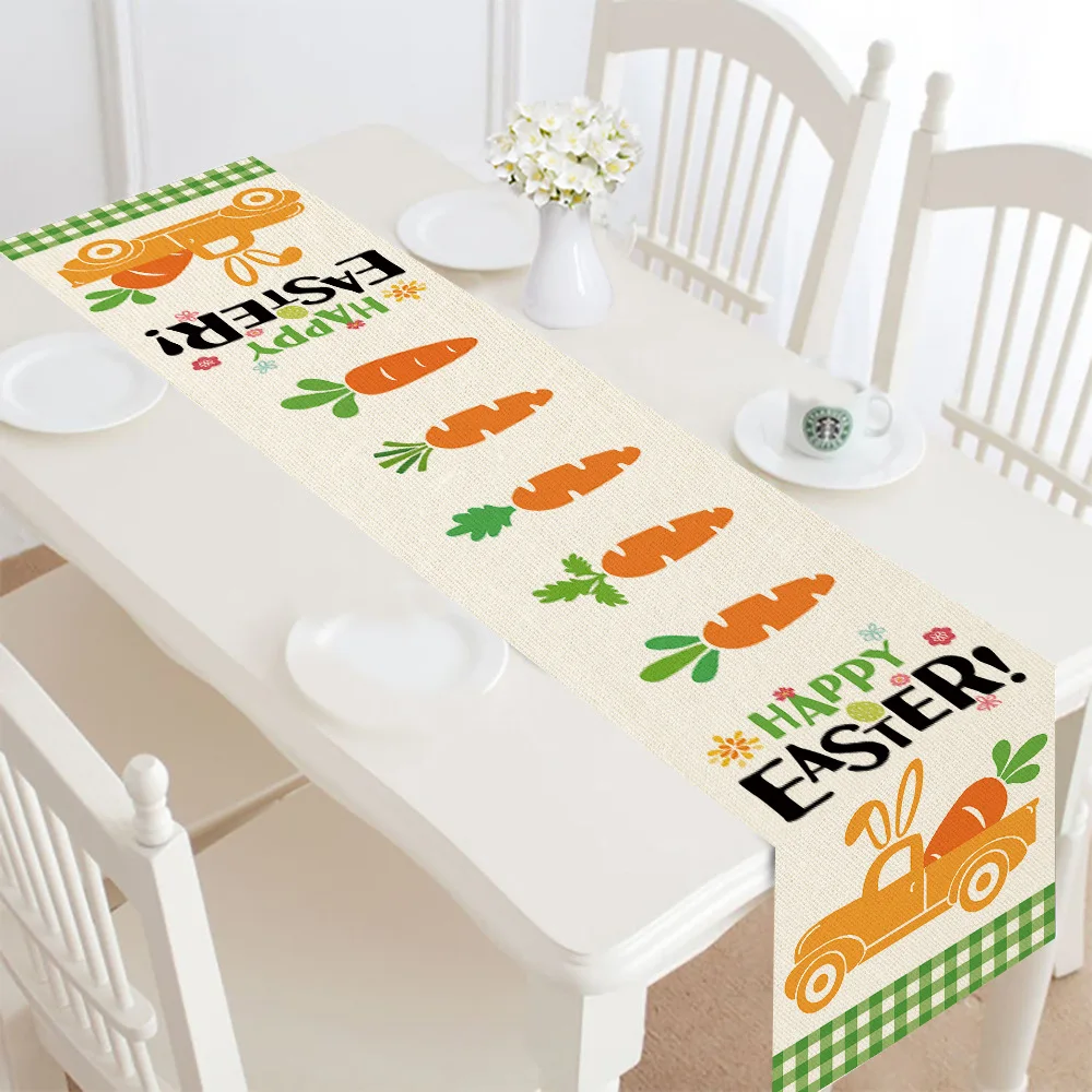 Happy Easter Table Runner Linen Carrots Rabbit egg Flower Table Cloth Spring Easter Decoration Easter Party Dining Table Decor