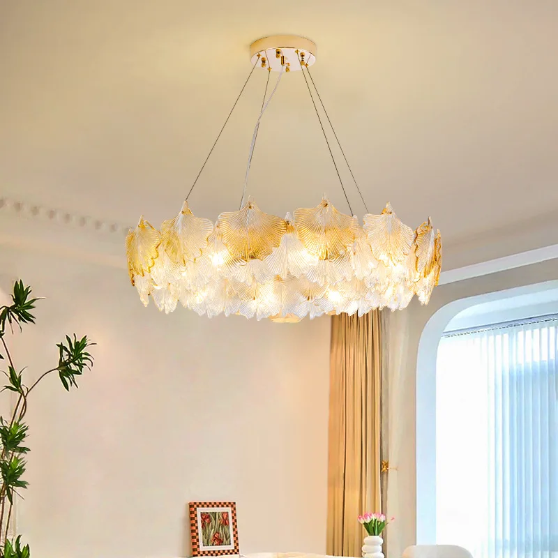 

French Luxury Chandelier Modern Minimalist Living Room Dining Bedroom Cream Glass Leaf Lighting