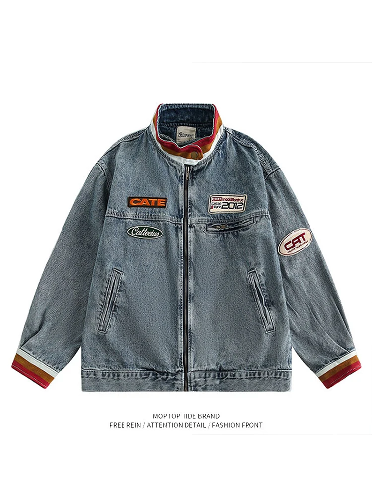

Vintage American Retro Couples Denim Jaet Men Women Distred Patchwork Outerwear Youth Faion Polyester Windproof Long S...
