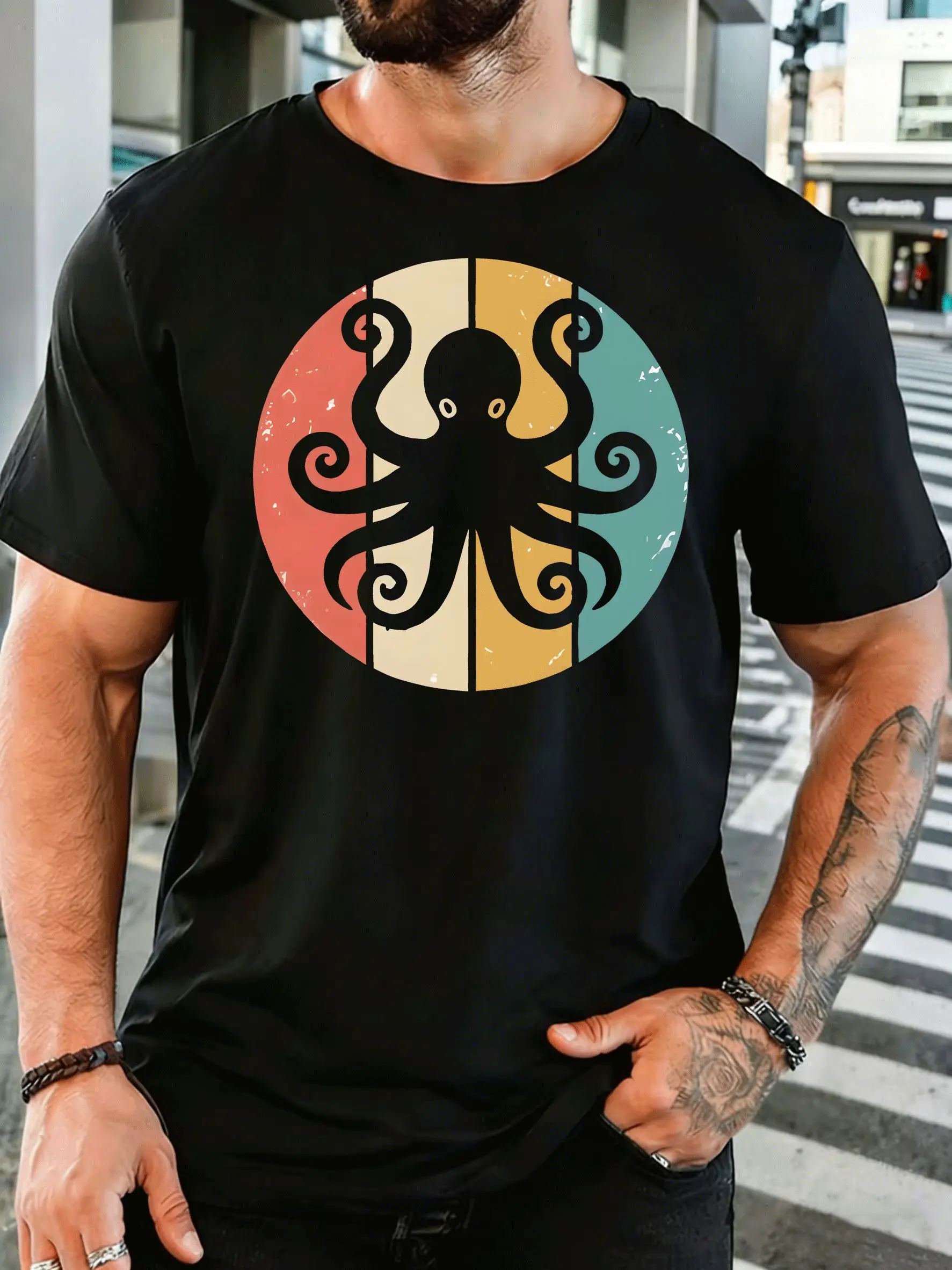 Men O Neck Short Sleeve T Shirt Retro Octopus In Colorful Circle Distressed Print Summer Soft Loose Casual Tee Tops For Guys