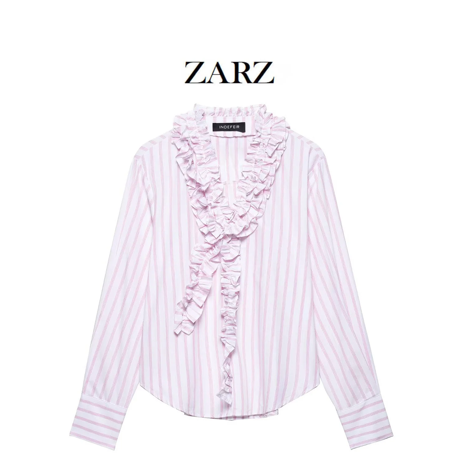 

ZARZ New Women's irt Pastel Pink 3D Wooden V-ne Striped Casual Loose Fit Long Sve Summer 2025 Faion