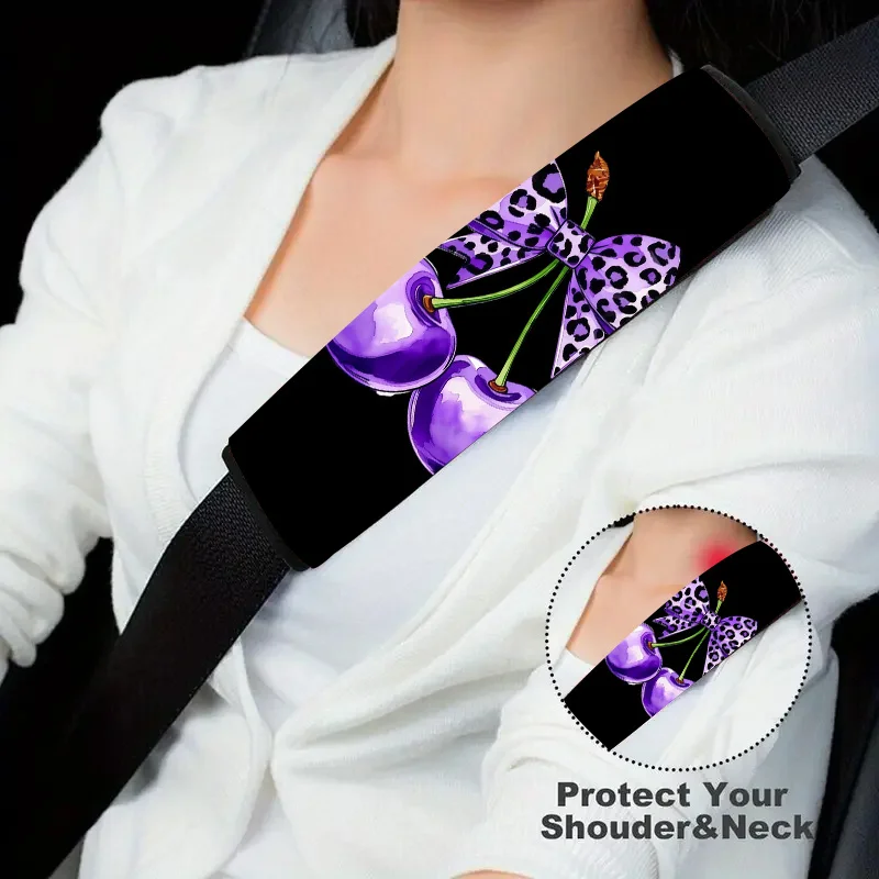 1pc Cherry With Leopard - Print Bow Car Seat Belt Cover, Fashionable, Seat Belt Padding Straps For All Vehicles, Seat Belt Cover