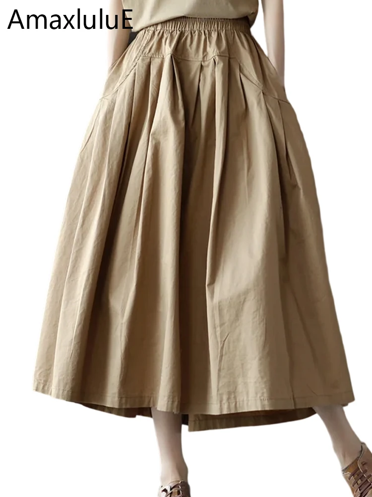Amax LuluE 2025 Japan Summer Streetwear Fashion Women Khaki A-Line Skirts Ladies Elastic Casual Long Skirt Girls Vintage Clothes