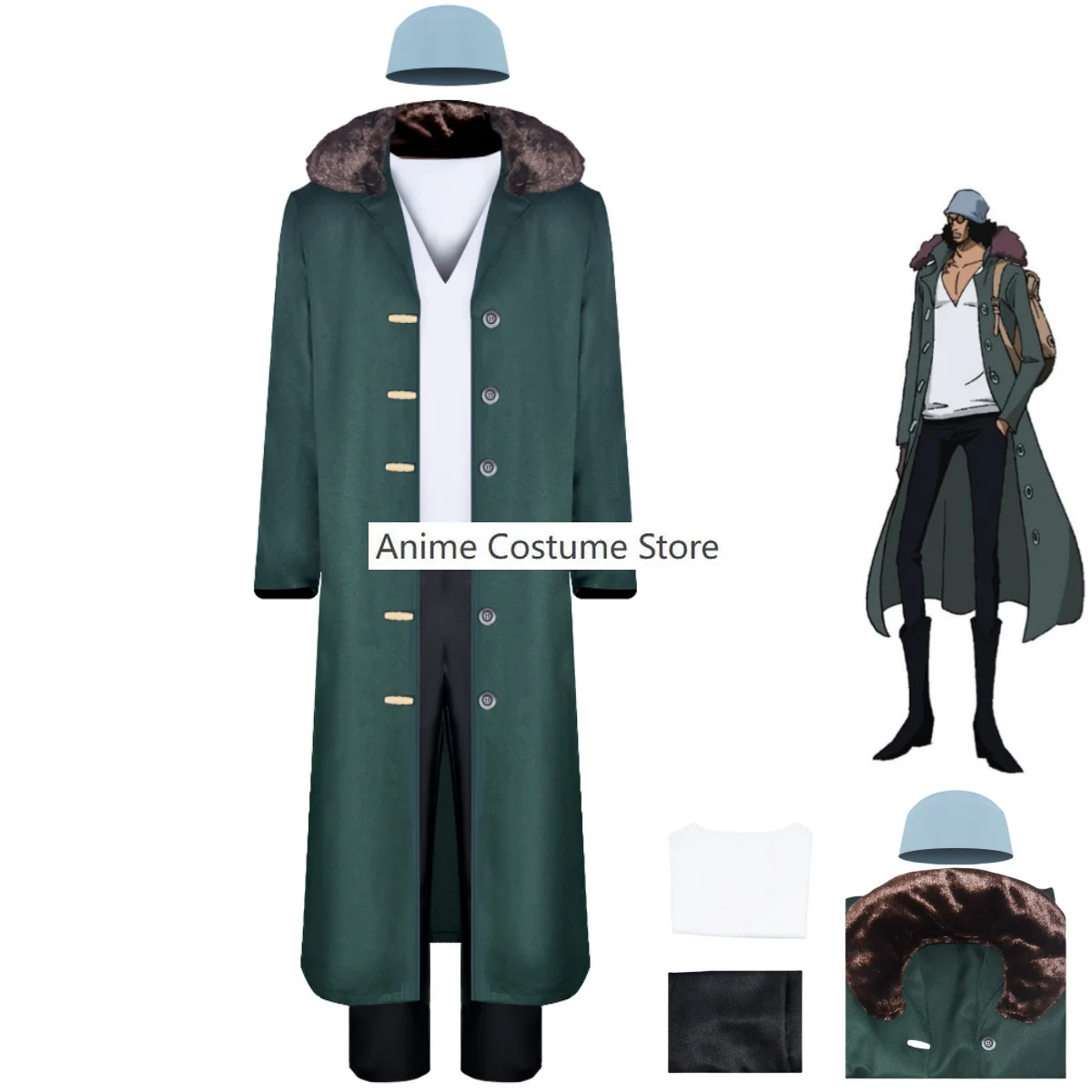 Anime Kuzan Cosplay Costume Blackbeard Pirates Captain Green Long Sleeved Trench Coat Uniform Man Halloween Christmas Suit