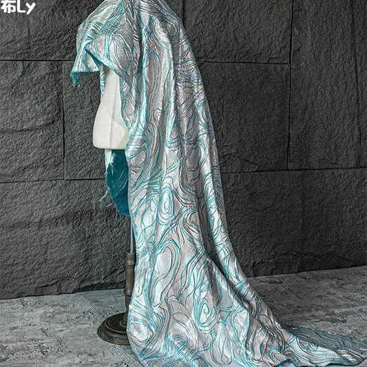 Blue Streamline 3D Double-sided Jacquard Fabric, Shiny Texture for Skirt, Designer Clothing Material